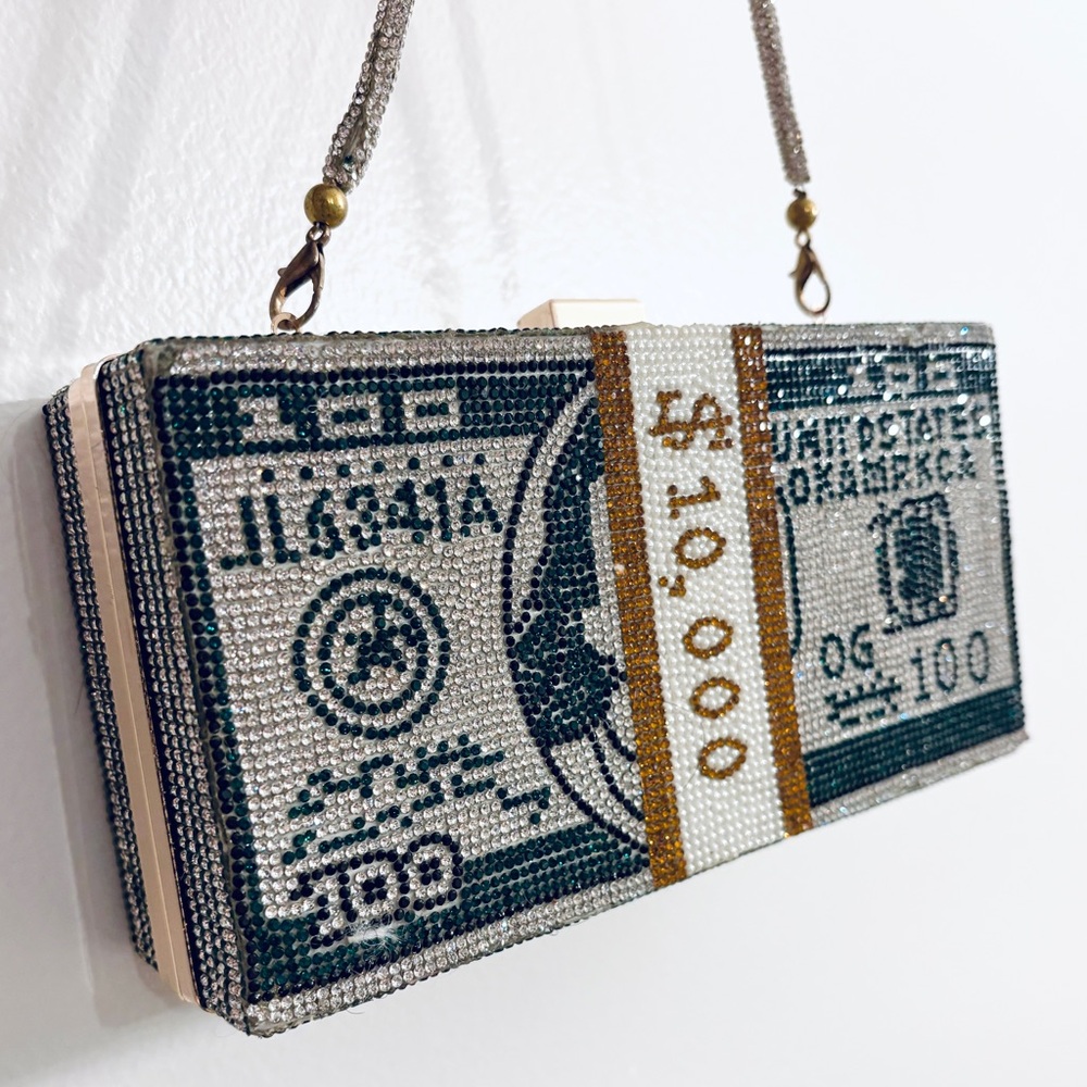 Crystal Money-Print Evening Clutch in Green, White & Gold